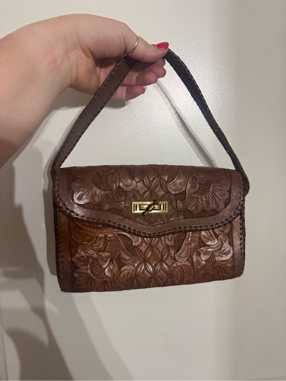 Handcrafted Tooled Brown Leather Shoulder Bag Small Western Vintage